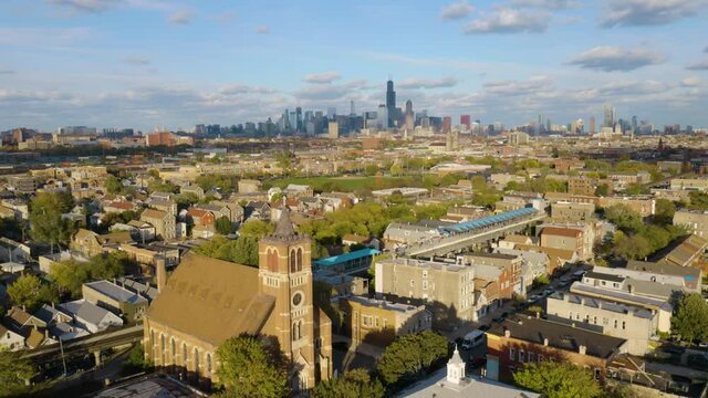 Aerial Establishing Shot of Pilsen, Mexican Community, in Chicago on Fall Day