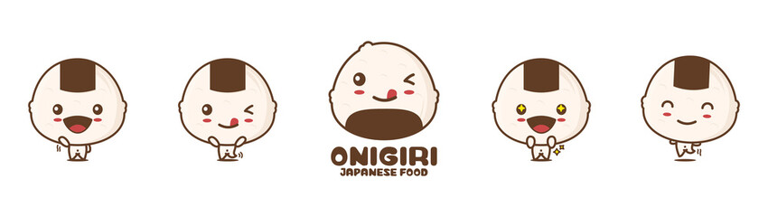 cute onigiri cartoon mascot, japanese food vector illustration, with different facial expressions and poses