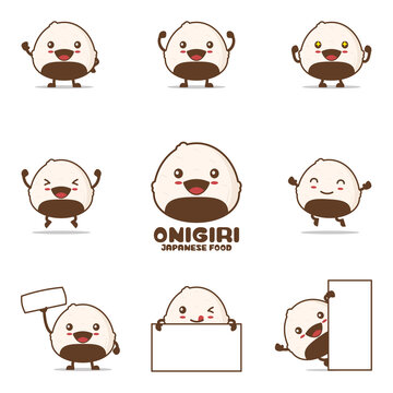 cute onigiri cartoon, japanese food vector illustration, with happy facial expressions and different poses