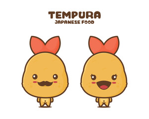 Tempura shrimp cartoon mascot, japanese food vector illustration