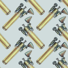 Seamless pattern watercolor hand drawn bronze bullet lighter for stalker isolated on grey background. Creative art for war, survival, travel, military, army, camping, sticker, man sketchbook, weapon