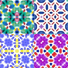 Fototapeta na wymiar Bright abstract watercolor pattern. Portuguese tiles Azulejo. Spanish majolica. Seamless Mosaic background. Multicolored Flower mandalas.