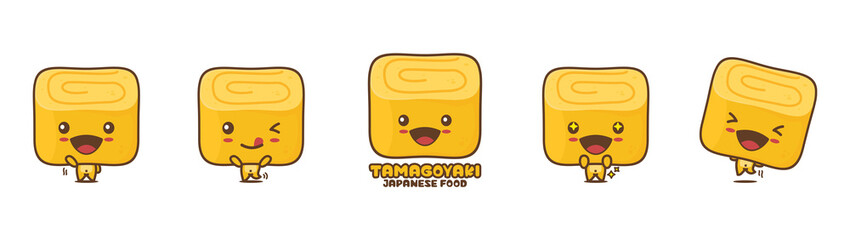 Cute tamagoyaki cartoon mascot, japanese food vector illustration, with different facial expressions and poses