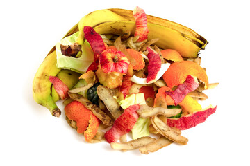 Pile of different organic waste isolated on white background. Waste vegetables and fruits for compost.