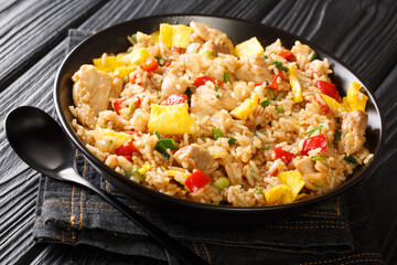 Peruvian fusion food Arroz Chaufa Fried Rice with meat and eggs close up in the bowl on the table. Horizontal