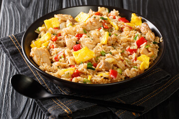 Hearty tasty Arroz Chaufa Peruvian Style Fried Rice close up in the bowl on the table. Horizontal