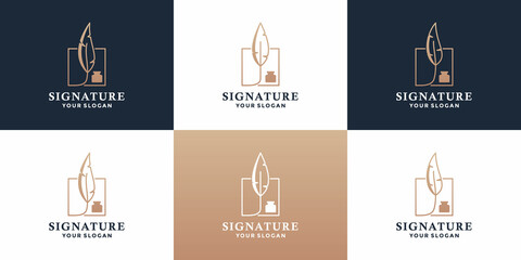 bundle signature logo design. feather pen, stationery logo symbol frame - obrazy, fototapety, plakaty