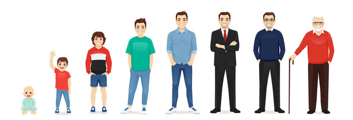 Man of diifferent life stages cartoon characters. Baby, child, teenager, adult, mature and old persons vector illustration isolated