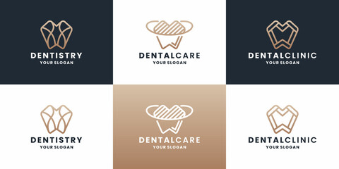 bundle dental care, dentistry, dentist logo design with golden color