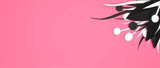 Bright pink banner with beautiful floral black and white paper cut art. Leaves and flowers corner...