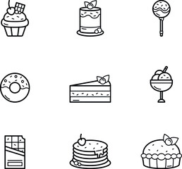 Black and white outlined collection of sweet dessert icons for web and apps usage