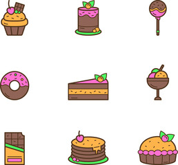 Colorful collection of sweet dessert icons for web and apps usage