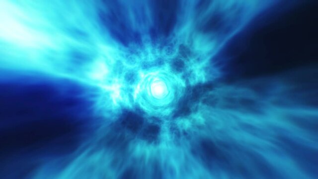 Abstract blue energy tunnel through time and space with vortex energy flows. Travel through wormhole. Black hole, hyperspace. Looped seamless 3d animation. High quality 4k footage