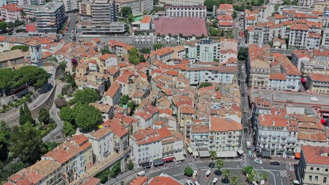 Cannes France Aerial v36 birds eye view drone flying around le suquet and la croix des gardes neighborhood, tilt up reveals beautiful seascape - July 2021