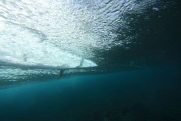 surfer riding a wave viewed from underwater