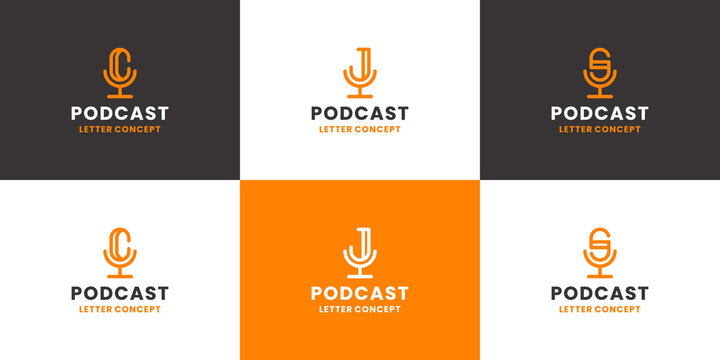 set of podcast combine with letter c j s logo design collection