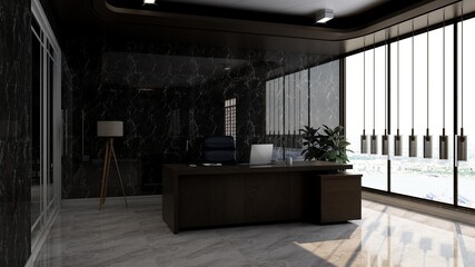 modern business office manager room with 3d design interior for company wall logo mockup
