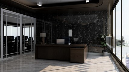 modern business office manager room with 3d design interior for company wall logo mockup