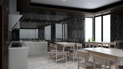office pantry or kitchen room 3d render interior design for company wall logo mockup