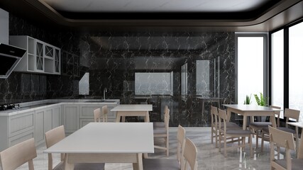office pantry or kitchen room 3d render interior design for company wall logo mockup