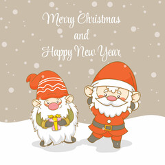 Cute santa and gnome with christmas and new year greeting banner