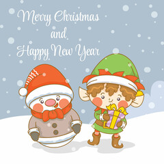 Cute snowman and elf with christmas and new year greeting banner