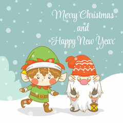 Cute gnome and elf with christmas and new year greeting banner