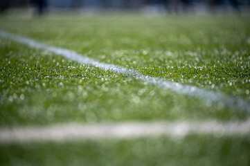 Close up soccer field lines. Background soccer pitch grass football stadium ground view. 