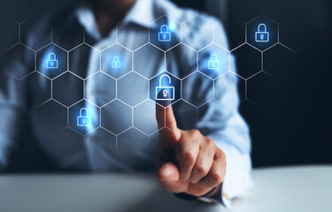 Businessman pointing digital screen  with unlock icon symbol. Concept of Unlock business, security, hacking and attack.