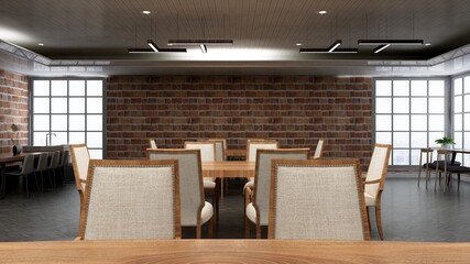 restaurant 3d design interior with brick wall mockup