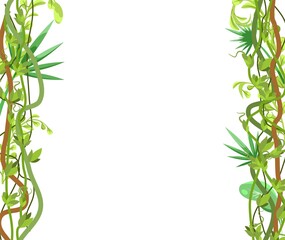 Jungle frame. Green tropical climbing vines, herbs and shrubs. Flat cartoon style. Green exotic landscape. Isolated on white background. Vector.
