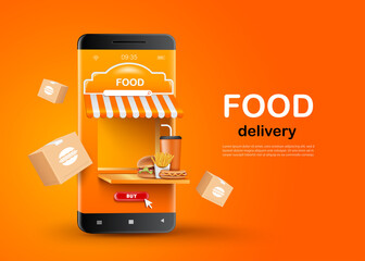 Fast food dishes are placed in front of the smartphone shop. And there are food boxes floating around for food delivery and online shopping concept design,vector3d on oragne background for advertising