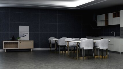 Fototapeta na wymiar office pantry area 3d render interior design for company wall logo mockup
