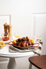 Roast Chicken on a Plate, Served with Roast Vegetable and Steamed Corn