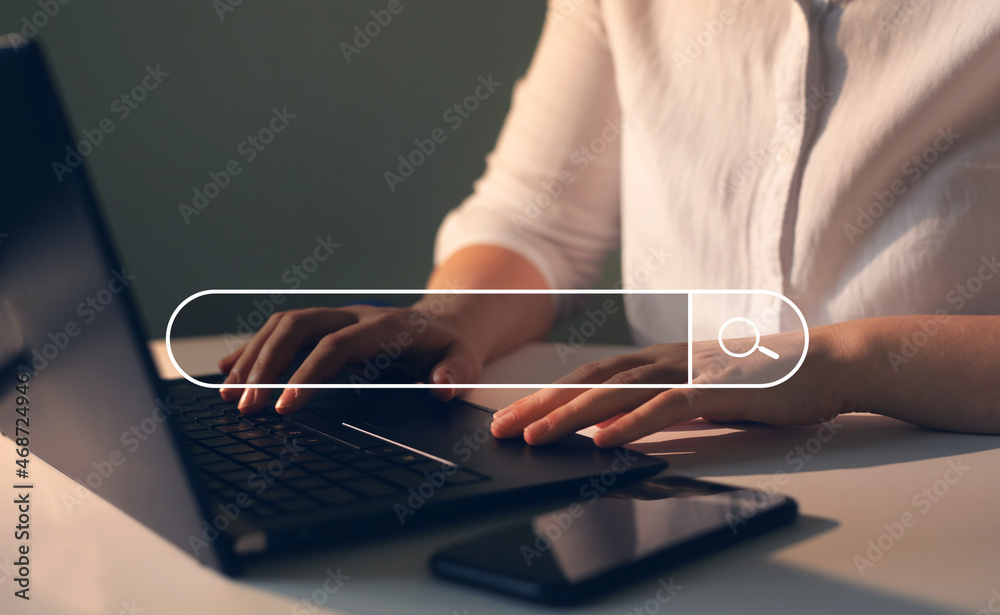 Poster business woman tapping laptop keyboard and search page on computer touch screen. seo concept searchi