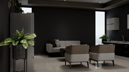 office pantry area 3d render interior design for company wall logo mockup