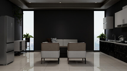 office pantry area 3d render interior design for company wall logo mockup