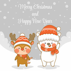 Cute deer and polar bear with christmas and new year greeting banner