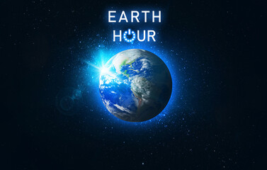 Earth Hour concept. Planet Earth in dark outer space with stars and power button. Elements of this image furnished by NASA