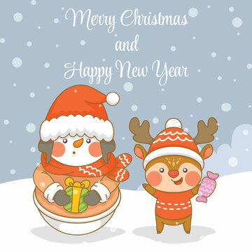 Cute snowman and deer with christmas and new year greeting banner