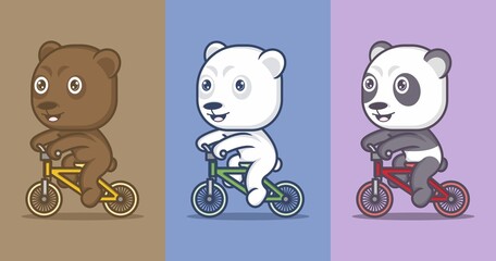 polar bear and cute cartoon panda on bicycle. vector illustration for mascot logo or sticker