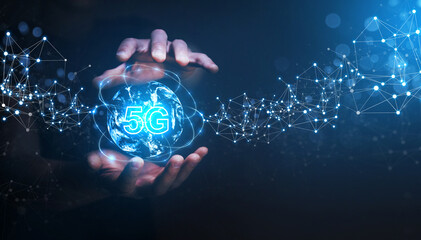 Global network connection 5G. Hands holding abstract network Earth technology structure.  Internet and technology 5G worldwide global. 
