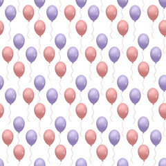 Blue and pink balloons on a white background, seamless pattern.