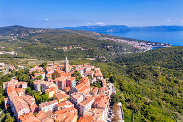 An aerial hot of Old town Labin, on background city of Rabac, Istria, Croatia