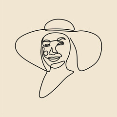 aesthetic woman face wear hat oneline continuous single line art