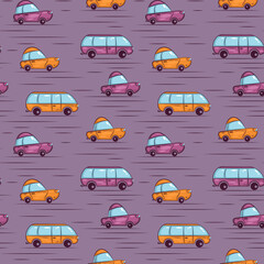Purple and yellow cartoon cars. Seamless pattern.