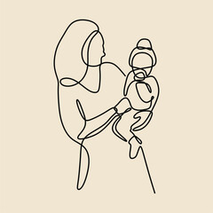 mom carry son oneline continuous single line art