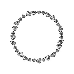 Round vector frame with crystals in cartoon style. Linear illustration