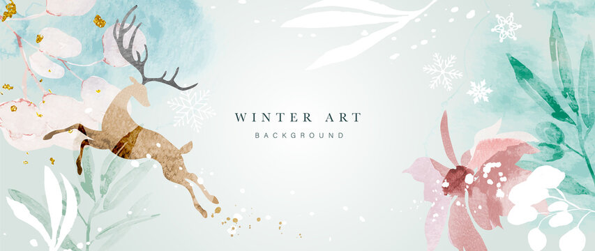 Winter background vector. Hand painted watercolor and gold brush texture, Flower and botanical leaves hand drawing. Abstract art design for wallpaper, wall arts, cover, wedding and  invite card.  
