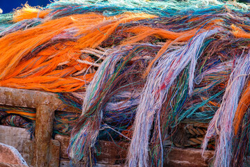 Fishing net on a fishing vessel deck. Close-up shot.